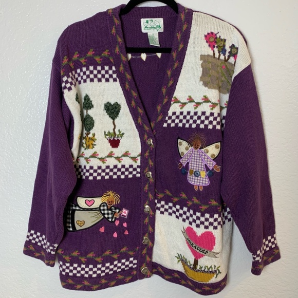 The Quacker Factory Sweaters - Vintage Quacker Factory Cardigan Sweater Medium Purple Garden Angels Miracles